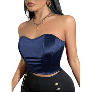 imageOYOANGLE Womens Satin Strapless Tube Top Solid Sleeveless Bandeau Crop Tops Party Night Out Corset TopDark Blue