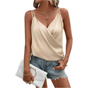 imageOYOANGLE Womens Satin Wrap V Neck Camis Sleeveless Elegant Tank Tops Blouses CamisoleApricot