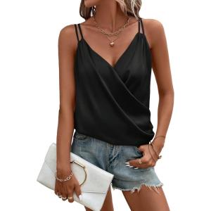 imageOYOANGLE Womens Satin Wrap V Neck Camis Sleeveless Elegant Tank Tops Blouses CamisoleBlack