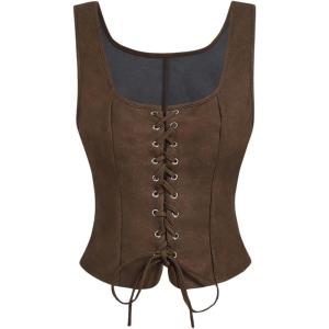 imageOYOANGLE Womens Scoop Neck Renaissance Corset Tops Slim Fit Waistcoat Gothic Medieval Bodice Vest TopBrown