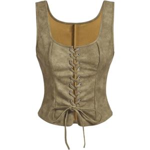 imageOYOANGLE Womens Scoop Neck Renaissance Corset Tops Slim Fit Waistcoat Gothic Medieval Bodice Vest TopKhaki