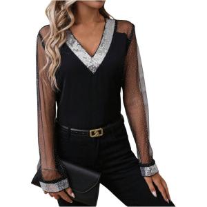 imageOYOANGLE Womens Sequin Contrast Mesh Blouse V Neck Long Sleeve Elegant Blouses Glitter Sheer TopsBlack