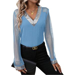 imageOYOANGLE Womens Sequin Contrast Mesh Blouse V Neck Long Sleeve Elegant Blouses Glitter Sheer TopsBlue