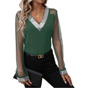 imageOYOANGLE Womens Sequin Contrast Mesh Blouse V Neck Long Sleeve Elegant Blouses Glitter Sheer TopsDark Green