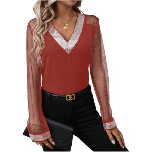 imageOYOANGLE Womens Sequin Contrast Mesh Blouse V Neck Long Sleeve Elegant Blouses Glitter Sheer TopsRed
