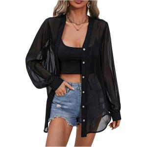 imageOYOANGLE Womens Sheer Button Front Long Sleeve See Through Chiffon Blouse Shirt TopsBlack