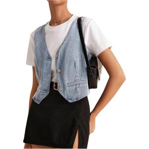 imageOYOANGLE Womens Sleeveless Denim Vest Crop Tops Button Down V Neck Asymmetrical Jean Jacket WaistcoatBlue