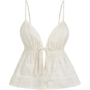 imageOYOANGLE Womens Spaghetti Strap Deep V Neck Crop Cami Tops Tie Front Sleeveless Peplum TopBeige
