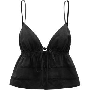 imageOYOANGLE Womens Spaghetti Strap Deep V Neck Crop Cami Tops Tie Front Sleeveless Peplum TopBlack