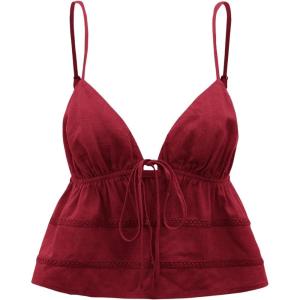 imageOYOANGLE Womens Spaghetti Strap Deep V Neck Crop Cami Tops Tie Front Sleeveless Peplum TopBurgundy
