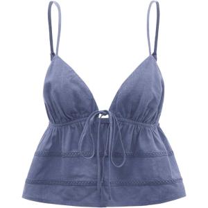 imageOYOANGLE Womens Spaghetti Strap Deep V Neck Crop Cami Tops Tie Front Sleeveless Peplum TopDusty Blue