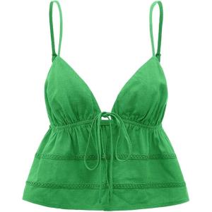 imageOYOANGLE Womens Spaghetti Strap Deep V Neck Crop Cami Tops Tie Front Sleeveless Peplum TopGreen