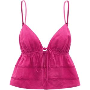 imageOYOANGLE Womens Spaghetti Strap Deep V Neck Crop Cami Tops Tie Front Sleeveless Peplum TopHot Pink