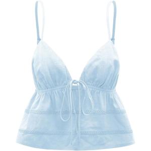 imageOYOANGLE Womens Spaghetti Strap Deep V Neck Crop Cami Tops Tie Front Sleeveless Peplum TopLight Blue