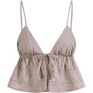 imageOYOANGLE Womens Spaghetti Strap Deep V Neck Crop Cami Tops Tie Front Sleeveless Peplum TopMocha Brown