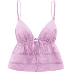 imageOYOANGLE Womens Spaghetti Strap Deep V Neck Crop Cami Tops Tie Front Sleeveless Peplum TopPurple