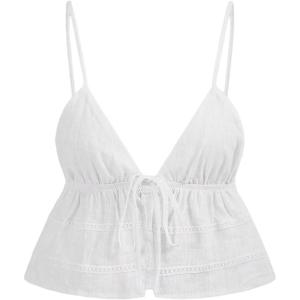 imageOYOANGLE Womens Spaghetti Strap Deep V Neck Crop Cami Tops Tie Front Sleeveless Peplum TopWhite