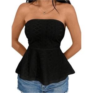 imageOYOANGLE Womens Strapless Tube Tops Sleeveless Eyelet Embroidery Ruffle Hem Peplum Bandeau TopsBlack