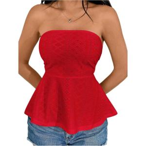 imageOYOANGLE Womens Strapless Tube Tops Sleeveless Eyelet Embroidery Ruffle Hem Peplum Bandeau TopsRed