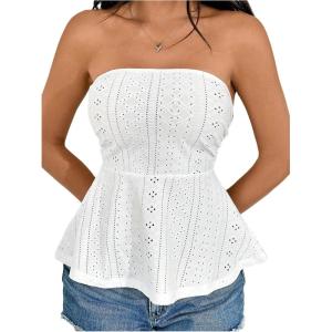 imageOYOANGLE Womens Strapless Tube Tops Sleeveless Eyelet Embroidery Ruffle Hem Peplum Bandeau TopsWhite