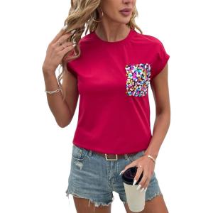 imageOYOANGLE Womens Summer Casual Funny Tee Cute Top Sequin Pocket Front Short Sleeve TShirtBurgundy