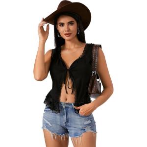 imageOYOANGLE Womens Summer Casual Tie Front Top Sleeveless V Neck Lace Trim Going Out Crop BlouseBlack