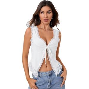 imageOYOANGLE Womens Summer Casual Tie Front Top Sleeveless V Neck Lace Trim Going Out Crop BlouseWhite