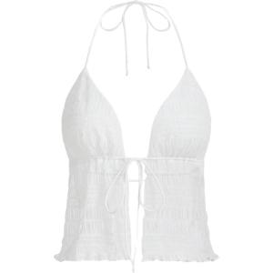 imageOYOANGLE Womens Texture Tie Front Halter Cami Top Deep V Neck Sleeveless Open Back Camisole TopsWhite