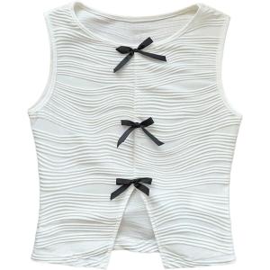 imageOYOANGLE Womens Textured Split Hem Bow Tank Top Crew Neck Sleeveless Elegant Vest TopsWhite