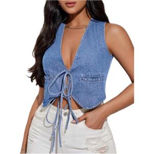 imageOYOANGLE Womens Tie Front Crop Denim Vest Y2K Sleeveless Jean Tank Tops StreetwearDenim Blue