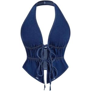 imageOYOANGLE Womens Vintage Tie Front Cut Out Denim Halter Tops Open Back Crop Jean Vest StreetwearDark Wash