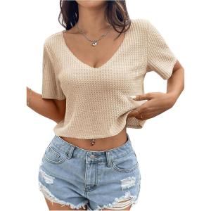 imageOYOANGLE Womens Waffle Knit Cropped Tee Top Deep V Neck Short Sleeve T Shirt Loose Casual Ribbed Crop TopsApricot
