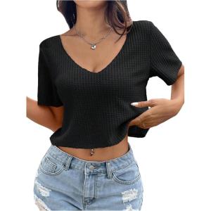 imageOYOANGLE Womens Waffle Knit Cropped Tee Top Deep V Neck Short Sleeve T Shirt Loose Casual Ribbed Crop TopsBlack