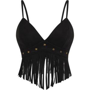 imageOYOANGLE Womens Y2K Fringe Sleeveless Spaghetti Strap Faux Suede Vintage Hippie Crop Top BlouseBlack