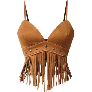 imageOYOANGLE Womens Y2K Fringe Sleeveless Spaghetti Strap Faux Suede Vintage Hippie Crop Top BlouseBrown
