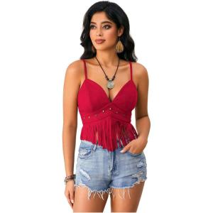 imageOYOANGLE Womens Y2K Fringe Sleeveless Spaghetti Strap Faux Suede Vintage Hippie Crop Top BlouseRed