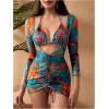 imageOYOANGLE Womens 3 Piece Swimsuit Floral Print Halter Bikini Set Bathing Suit with Beach Cover UpsBlue Orange