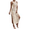 imageOYOANGLE Womens Crochet Hollow Out Sleeveless Split Thigh Beach Midi Tank Dress Bikini Cover UpsApricot