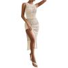 imageOYOANGLE Womens Crochet Hollow Out Sleeveless Split Thigh Beach Midi Tank Dress Bikini Cover UpsApricot