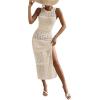 imageOYOANGLE Womens Crochet Hollow Out Sleeveless Split Thigh Beach Midi Tank Dress Bikini Cover UpsApricot