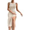 imageOYOANGLE Womens Crochet Hollow Out Sleeveless Split Thigh Beach Midi Tank Dress Bikini Cover UpsApricot