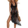 imageOYOANGLE Womens Crochet Hollow Out Swimsuit Cover Up Deep V Neck Sleeveless Beach Midi Dress SwimwearBlack