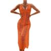 imageOYOANGLE Womens Crochet Hollow Out Swimsuit Cover Up Deep V Neck Sleeveless Beach Midi Dress SwimwearBurnt Orange