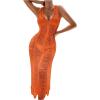 imageOYOANGLE Womens Crochet Hollow Out Swimsuit Cover Up Deep V Neck Sleeveless Beach Midi Dress SwimwearBurnt Orange
