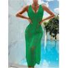 imageOYOANGLE Womens Crochet Hollow Out Swimsuit Cover Up Deep V Neck Sleeveless Beach Midi Dress SwimwearGreen