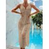 imageOYOANGLE Womens Crochet Hollow Out Swimsuit Cover Up Deep V Neck Sleeveless Beach Midi Dress SwimwearMocha Brown
