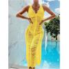 imageOYOANGLE Womens Crochet Hollow Out Swimsuit Cover Up Deep V Neck Sleeveless Beach Midi Dress SwimwearYellow