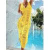 imageOYOANGLE Womens Crochet Hollow Out Swimsuit Cover Up Deep V Neck Sleeveless Beach Midi Dress SwimwearYellow