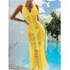 imageOYOANGLE Womens Crochet Hollow Out Swimsuit Cover Up Deep V Neck Sleeveless Beach Midi Dress SwimwearYellow