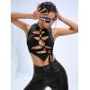 imageOYOANGLE Womens Cut Out Lace Up Round Neck Tie Front Asymmetrical Hem Crop Tank TopBlack
